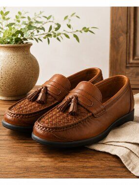 Nunn Bush Men's 9W Brown Leather Tassel Loafers Woven Penny Slip On Comfort Gel